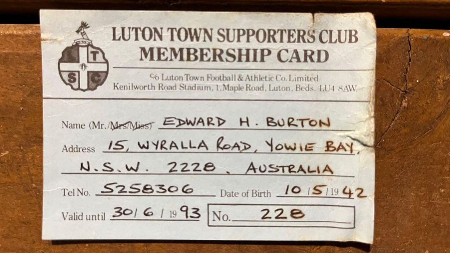A Luton Town Supporters Membership Card used by David's father in the 90s