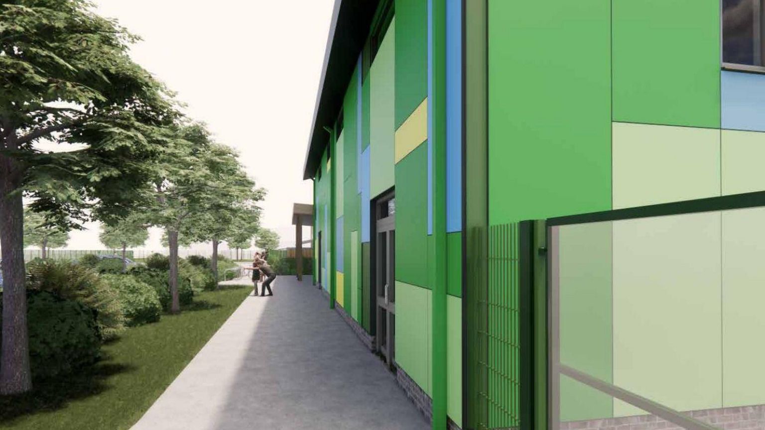 A computer generated image of a green, rectangle panelled building with a path alongside it