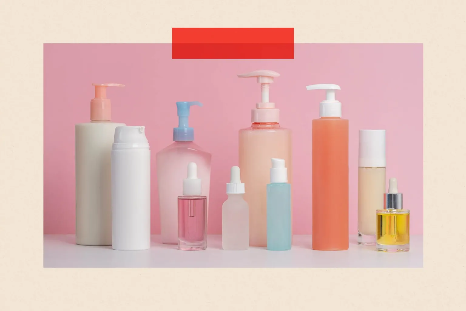 Getty Images Various skincare bottles on pink background