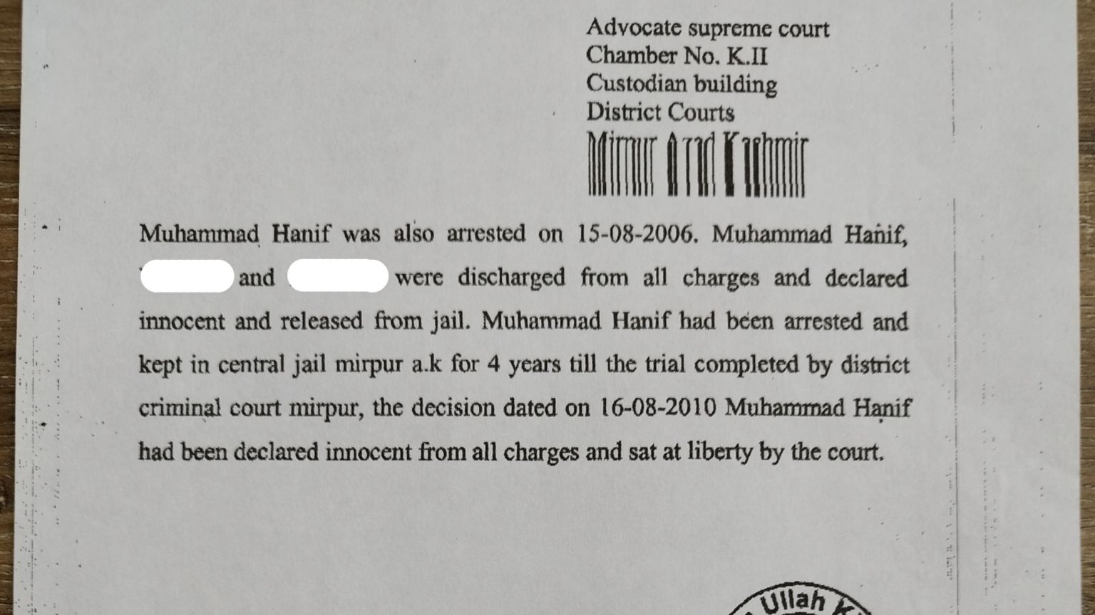 Note from judge on Mohammad Hanif