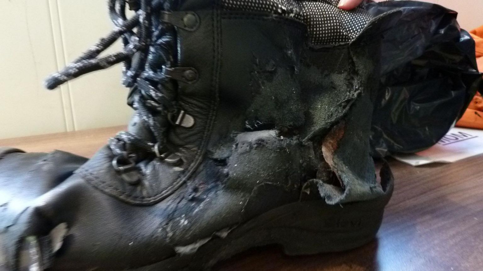Martin Hill's damaged boot