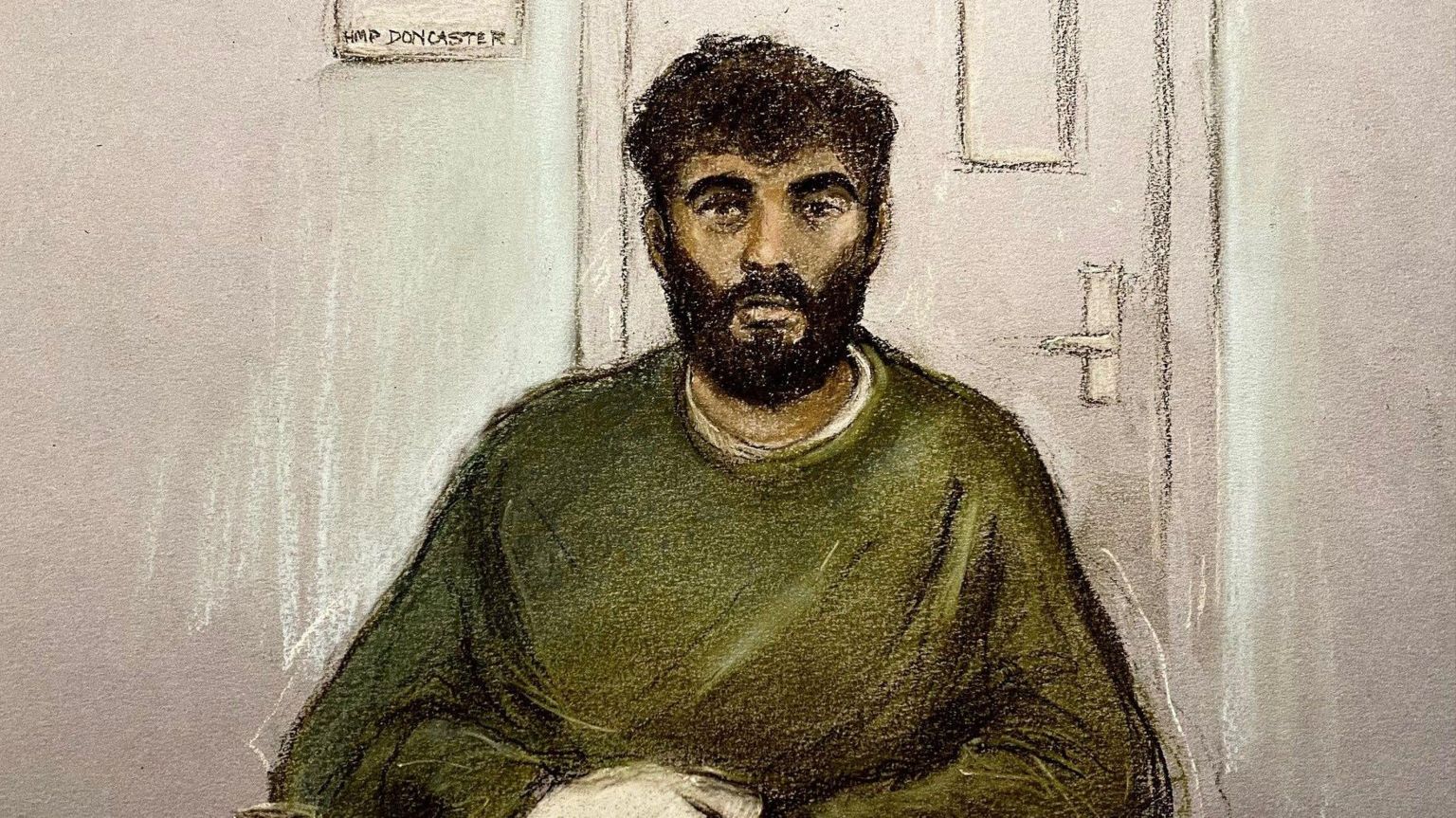 Court artist sketch by Elizabeth Cook of Hassan Jhangur