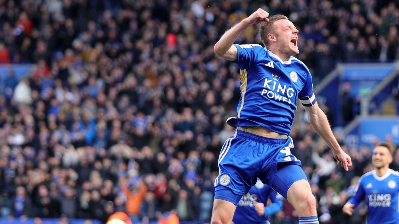 Jamie Vardy celebrates a goal for Leicester City