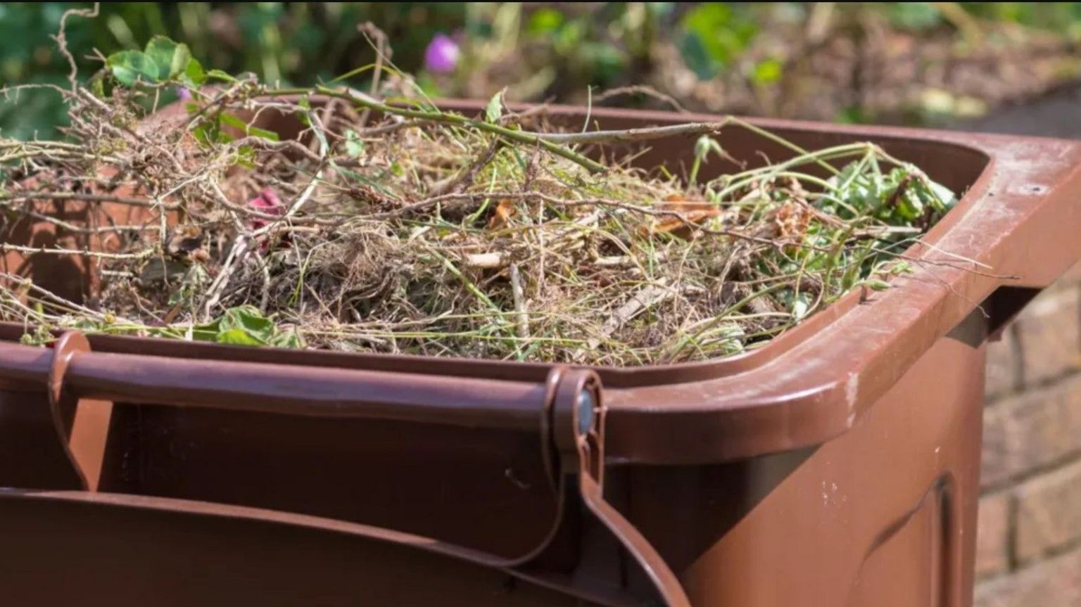Brown bin in a garden with twigs and leaves
