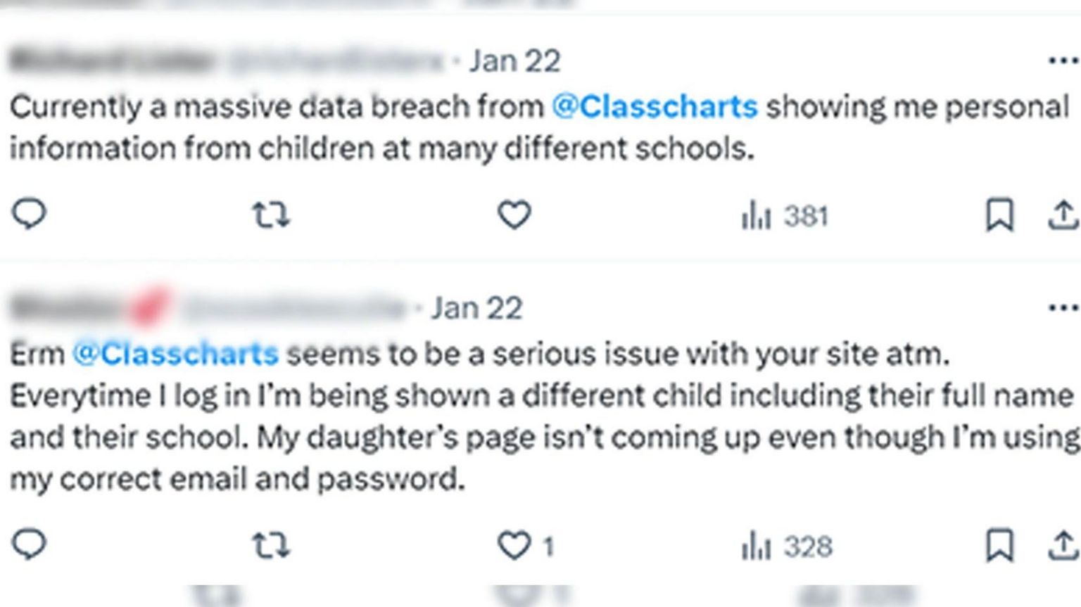 Screenshots from X users talking about a data breach on Class Charts