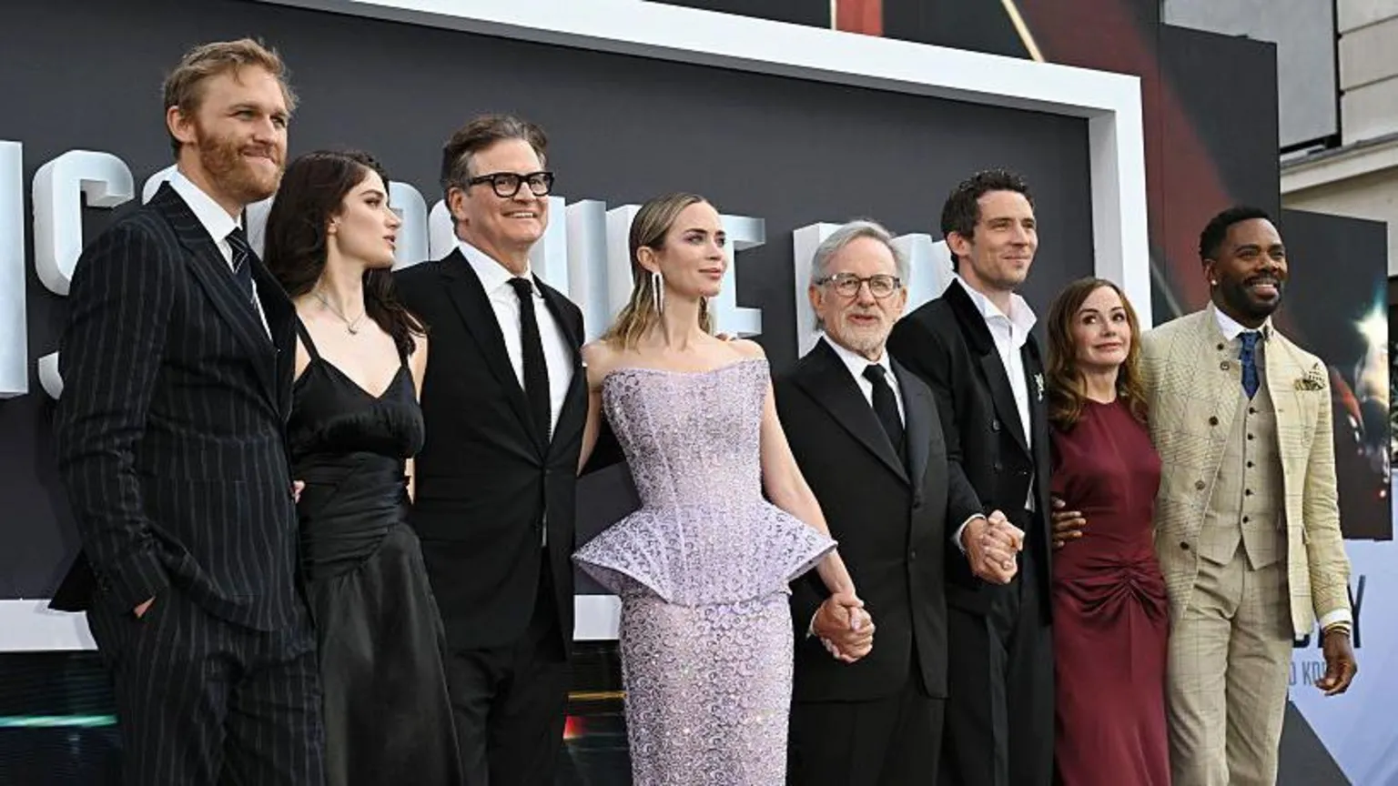 Getty Images (L-R) Wyatt Russell, Eve Hewson, Colin Firth, Emily Blunt, Steven Spielberg, Josh O'Connor and Colman Domingo attend the Universal Pictures UK Premiere Of "Disclosure Day" at CineWorld IMAX Leicester Square on June 04, 2026 in London, England