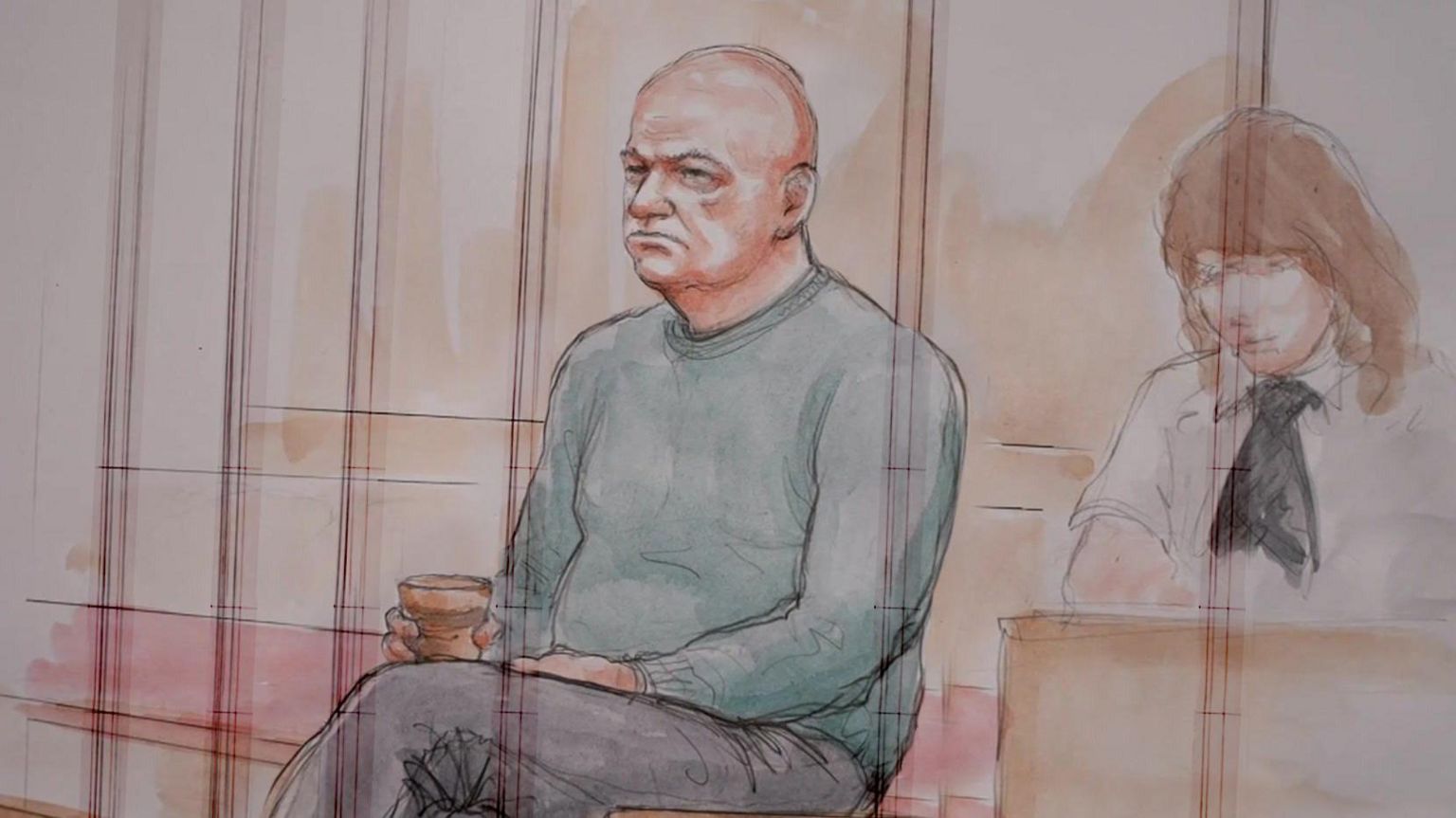 A court artist sketch of Neil Foden sitting in the dock, frowning, with one leg crossed over the other and a glass of water in his hand