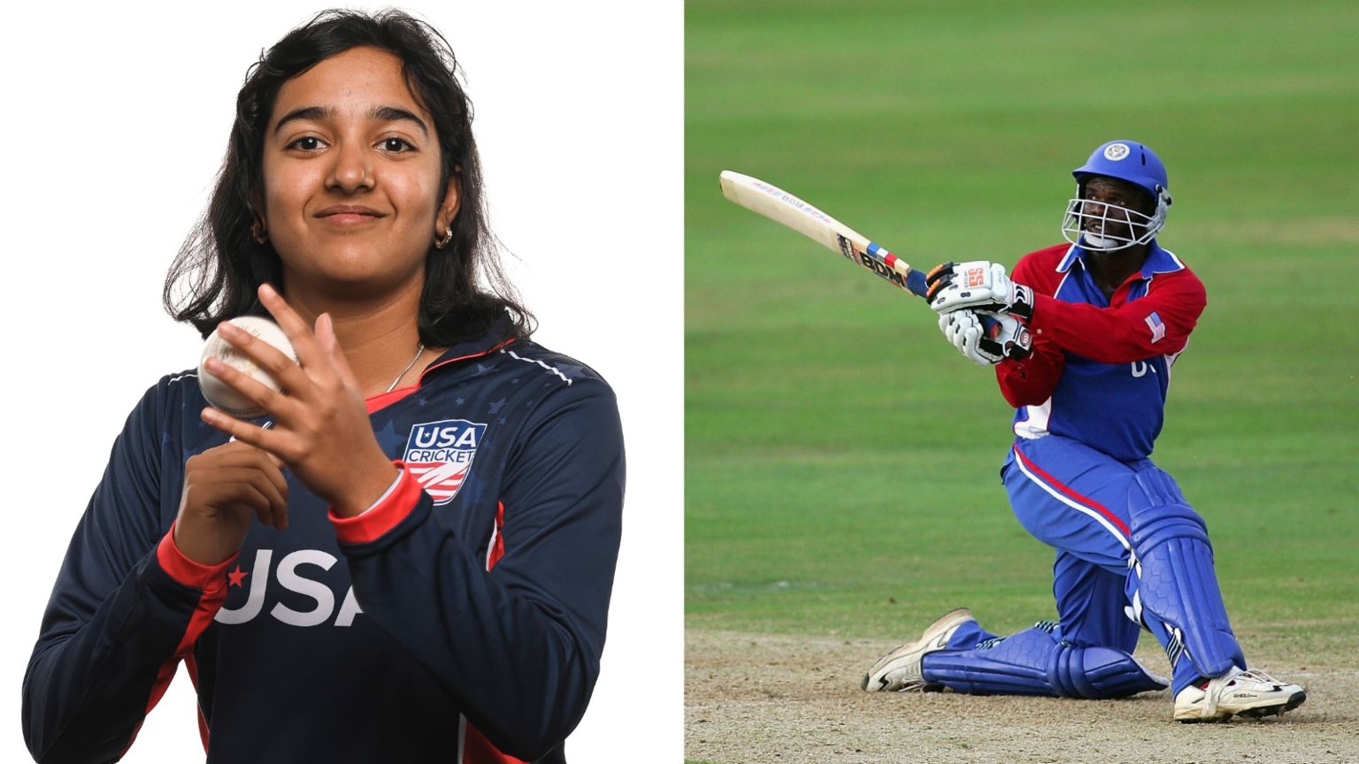 A composite image showing a promo photo of Sai Tanmayi Eyyni in USA kit spinning a ball in her hand and Clayton gets down on one knee to play a slog-sweep shot during a game for the USA