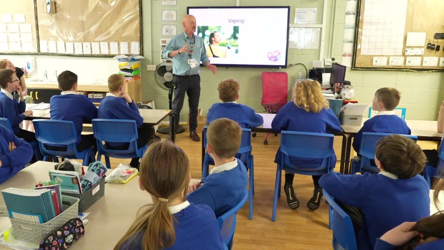 Andy Gibbs of Step 2 Young People's Health delivers a vaping deterrent workshop to year 6 children at Reevy Hill Primary School in Bradford