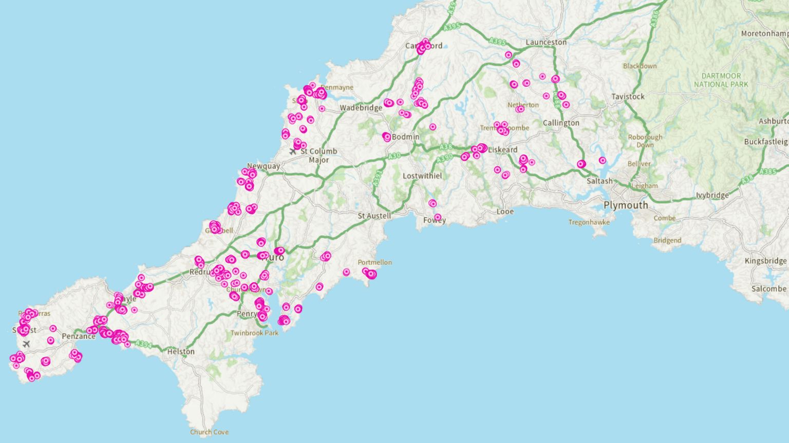 The interactive map showing which areas of Cornwall have streetlights being switched off or dimmed