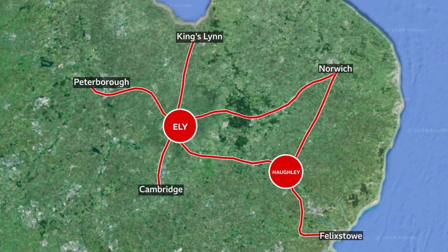 Map showing Ely and Haughley junctions and the rail lines that run through them 