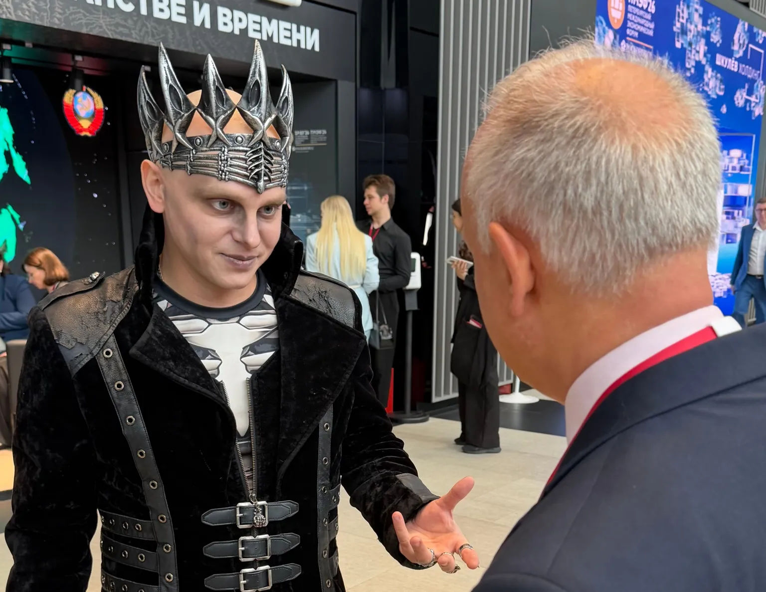 BBC's Steve Rosenberg interviews man dressed as Russian folklore villain "Koshchei the Deathless" at the economic forum
