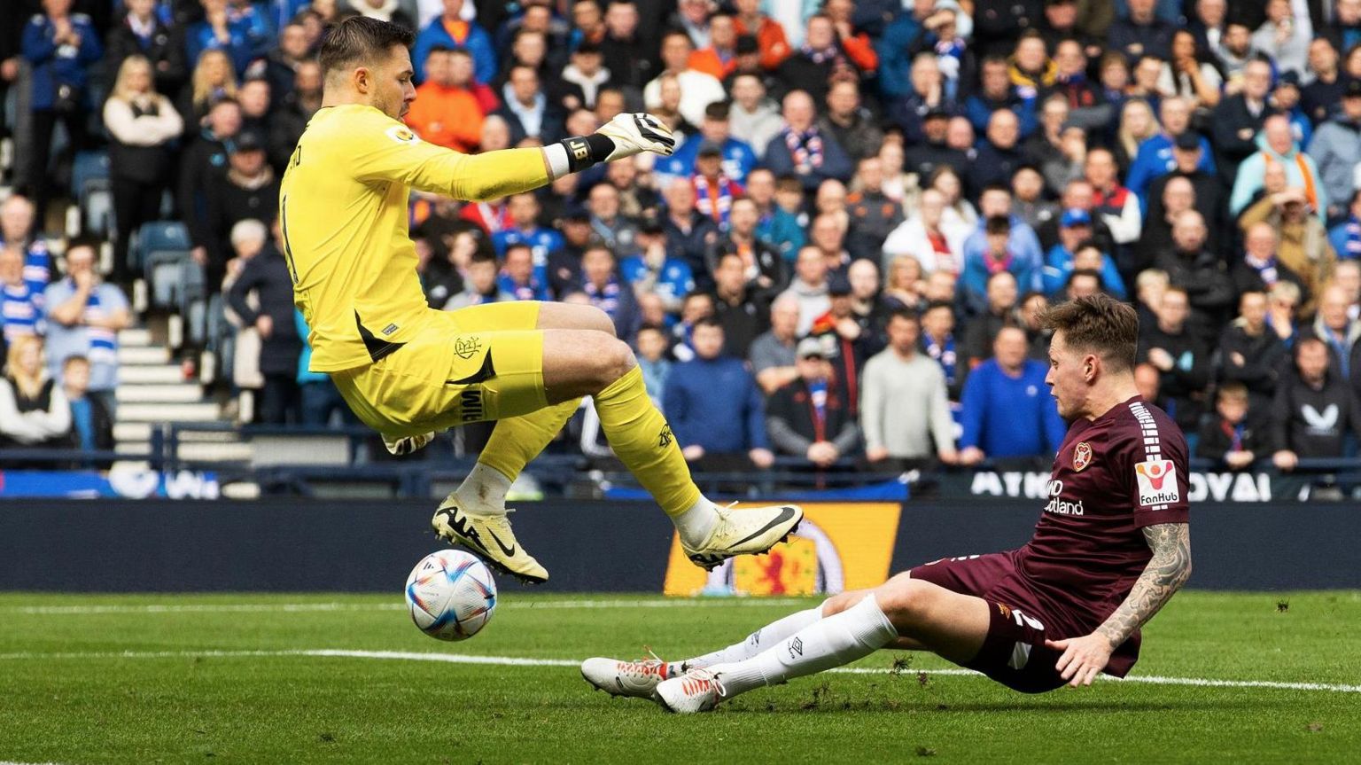 Rangers' Jack Butland saves from Hearts' Frankie Kent