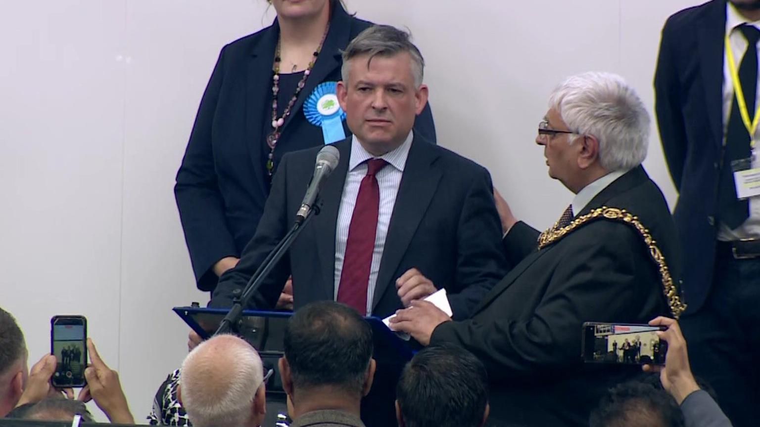 Jonathan Ashworth  speaking at a count where he learned he had lost his seat