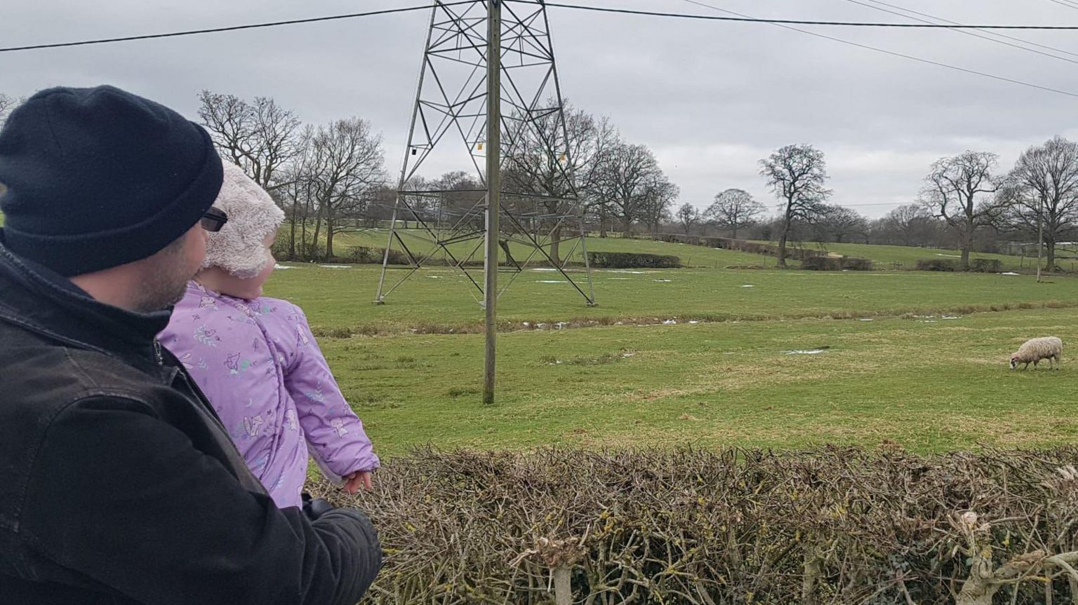 The back of a man holding a baby looking out to a field containing a sheep and a pylon.
