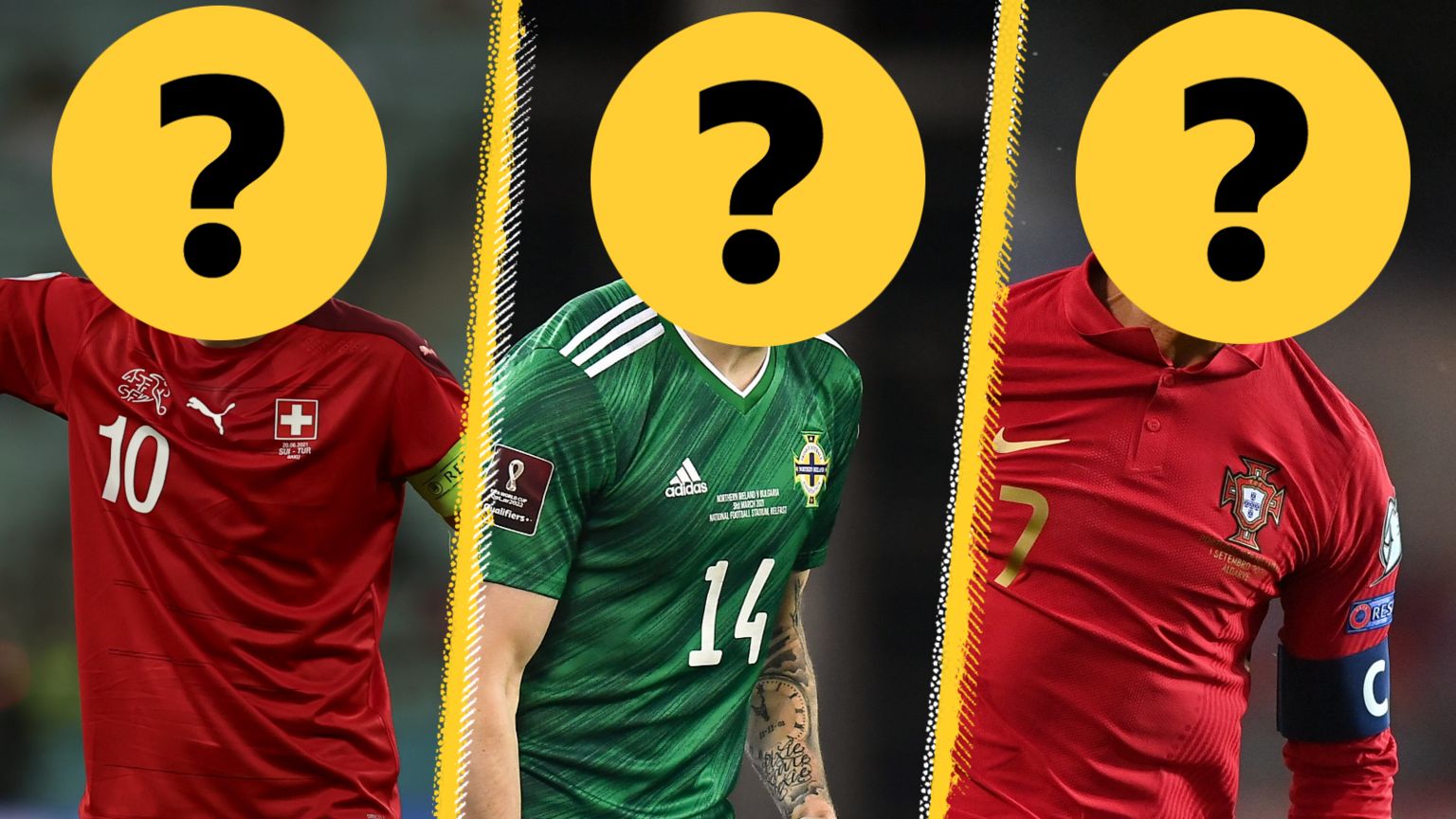 Split picture graphic - most international caps quiz. Three players with their faces covered by question marks.