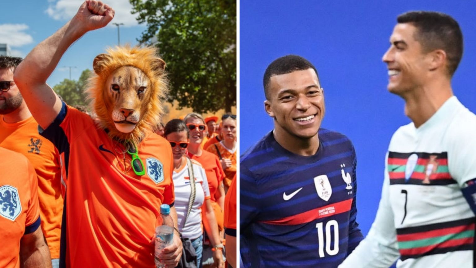 A picture of a man dressed as a lion in a Dutch fan walk and another picture of Cristiano Ronaldo and Kylian Mbappe on the football pitch