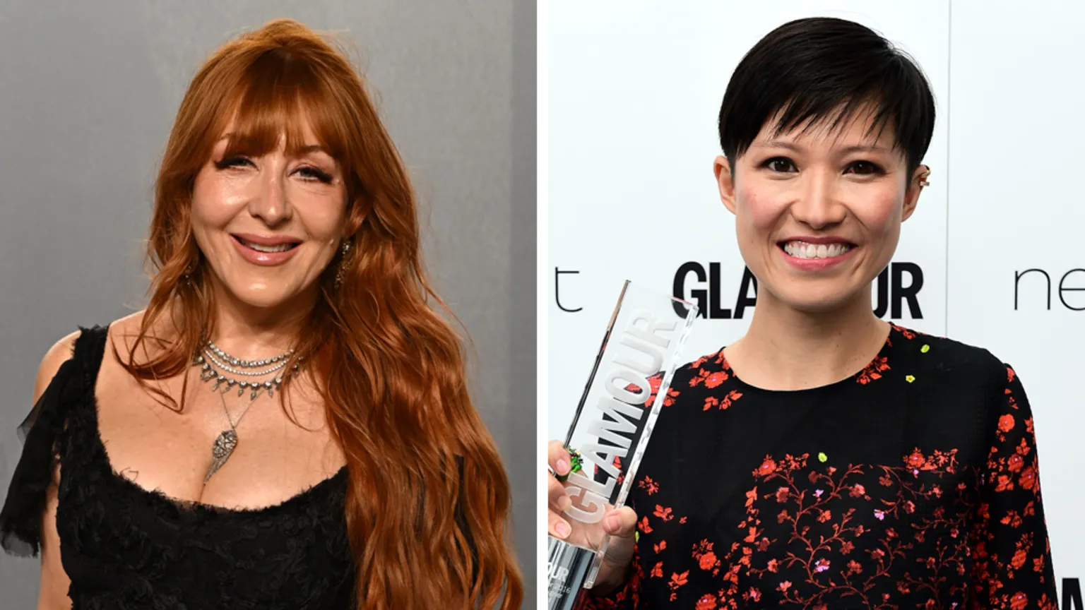 PA Media Two portrait photographs shown side by side. The left shows Tilbury with long red hair wearing a black sleeveless top and layered silver necklaces. The right image shows Choi with short dark hair holding a glass award, wearing a black top with a red floral pattern.