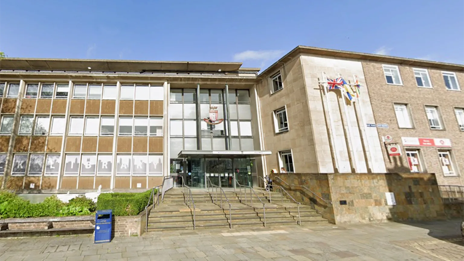 Google Warwickshire shire hall. It is a glass-fronted building, with stone steps leading up to the main entrance