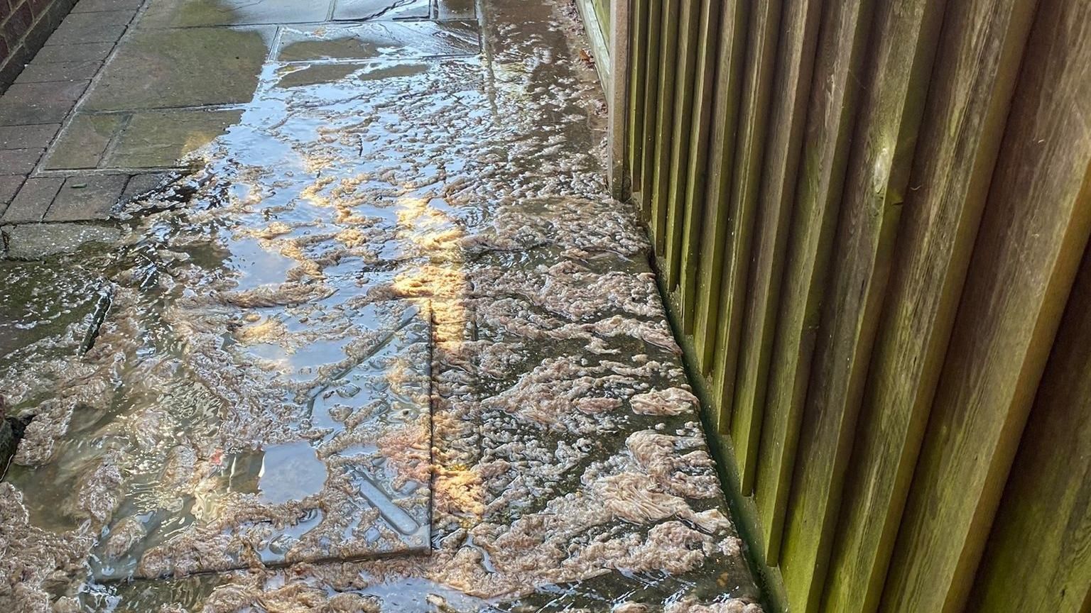 Sewage water and toilet paper overflowing from a manhole cover.