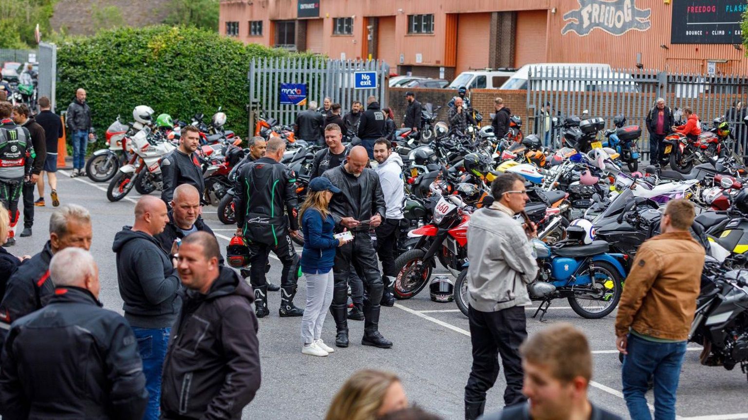 Dozens of motorcyclists gather in the main car park at Fowlers in Bristol