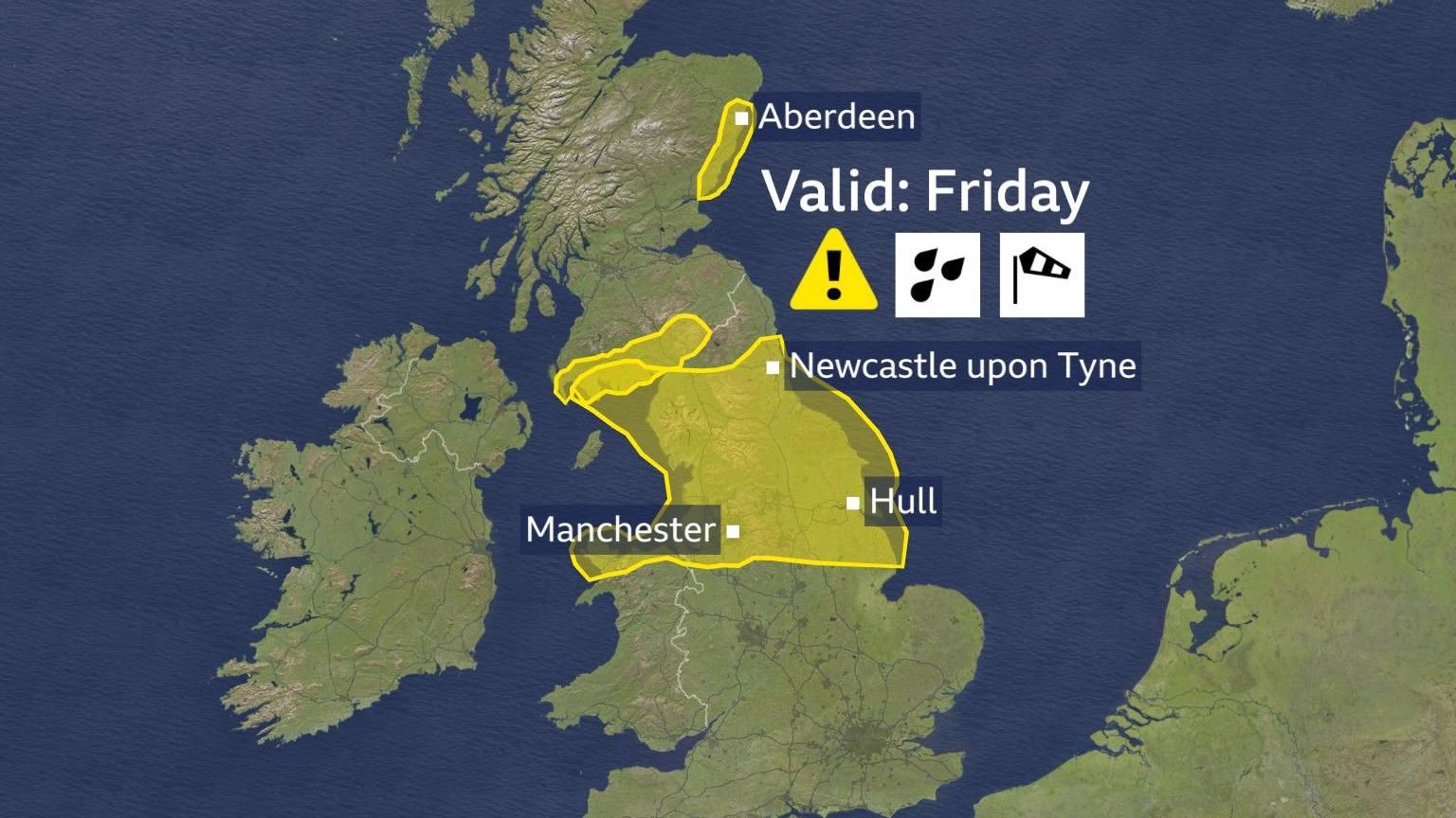 bbc weather graphic of a map of the UK with a yellow area shaded across northern England, south-west Scotland and eastern Scotland showing the Met Office warnings