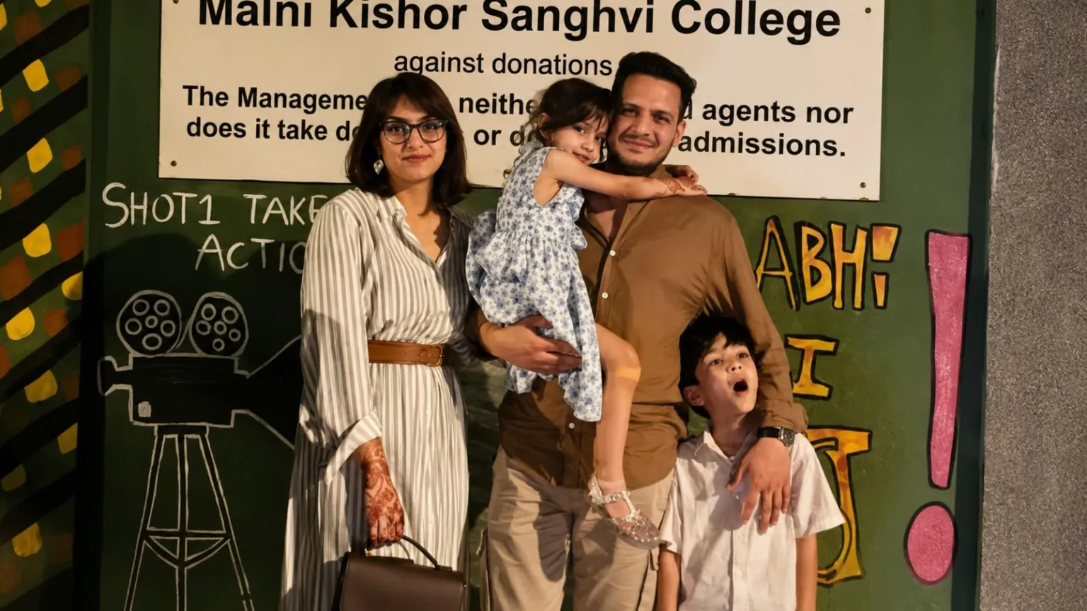 Imtiyaz Ali From left: Mariam, dressed in a striped dresss with glasses on, stands next to Javed, who is wearing a brown shirt and khaki pants, and holding their daughter dressed in frock, along with their son, who leans on to his father with his mouth open in a comical expression.