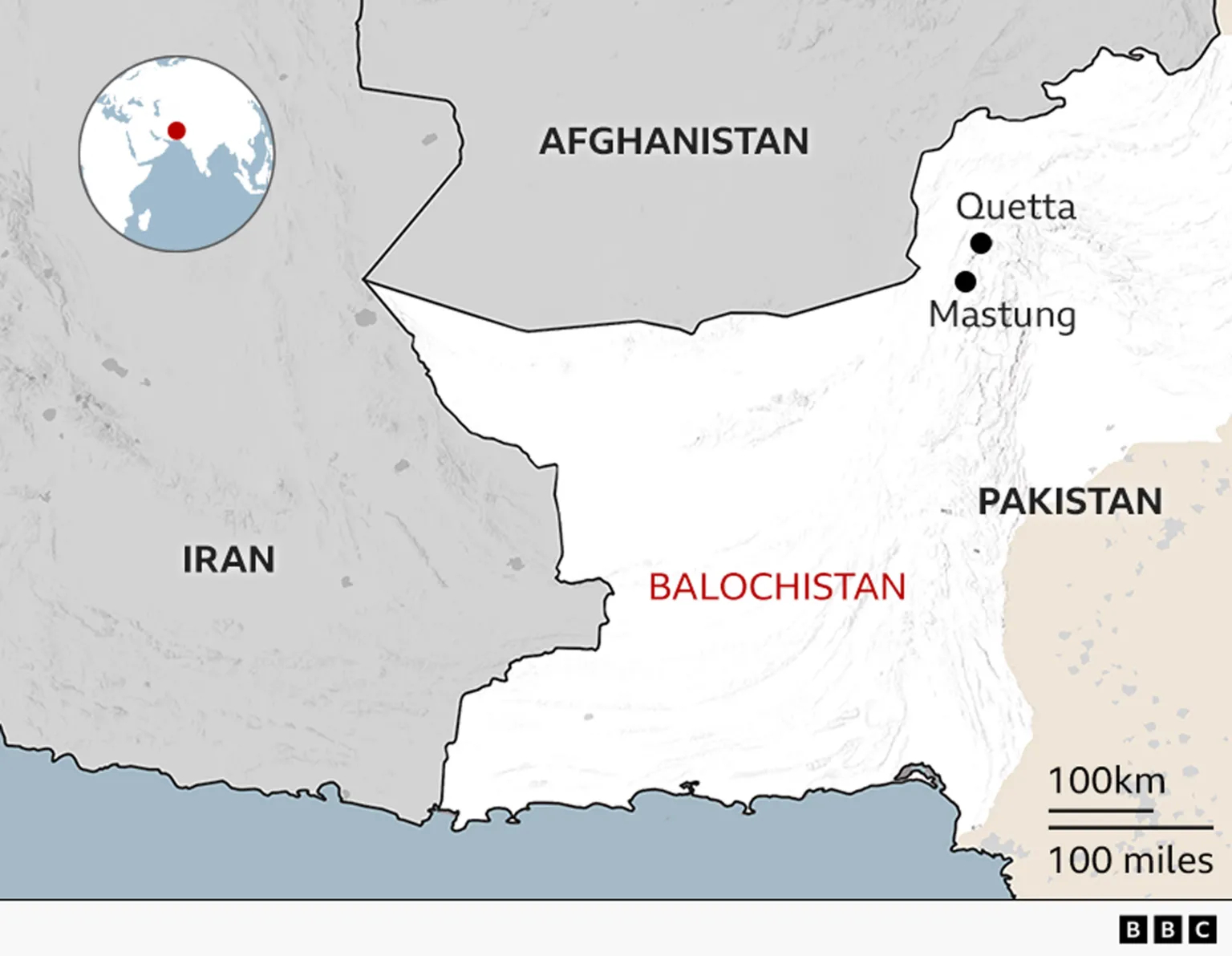 A map showing the borders of Iran, Pakistan and Afghanistan and where Balochistan is.