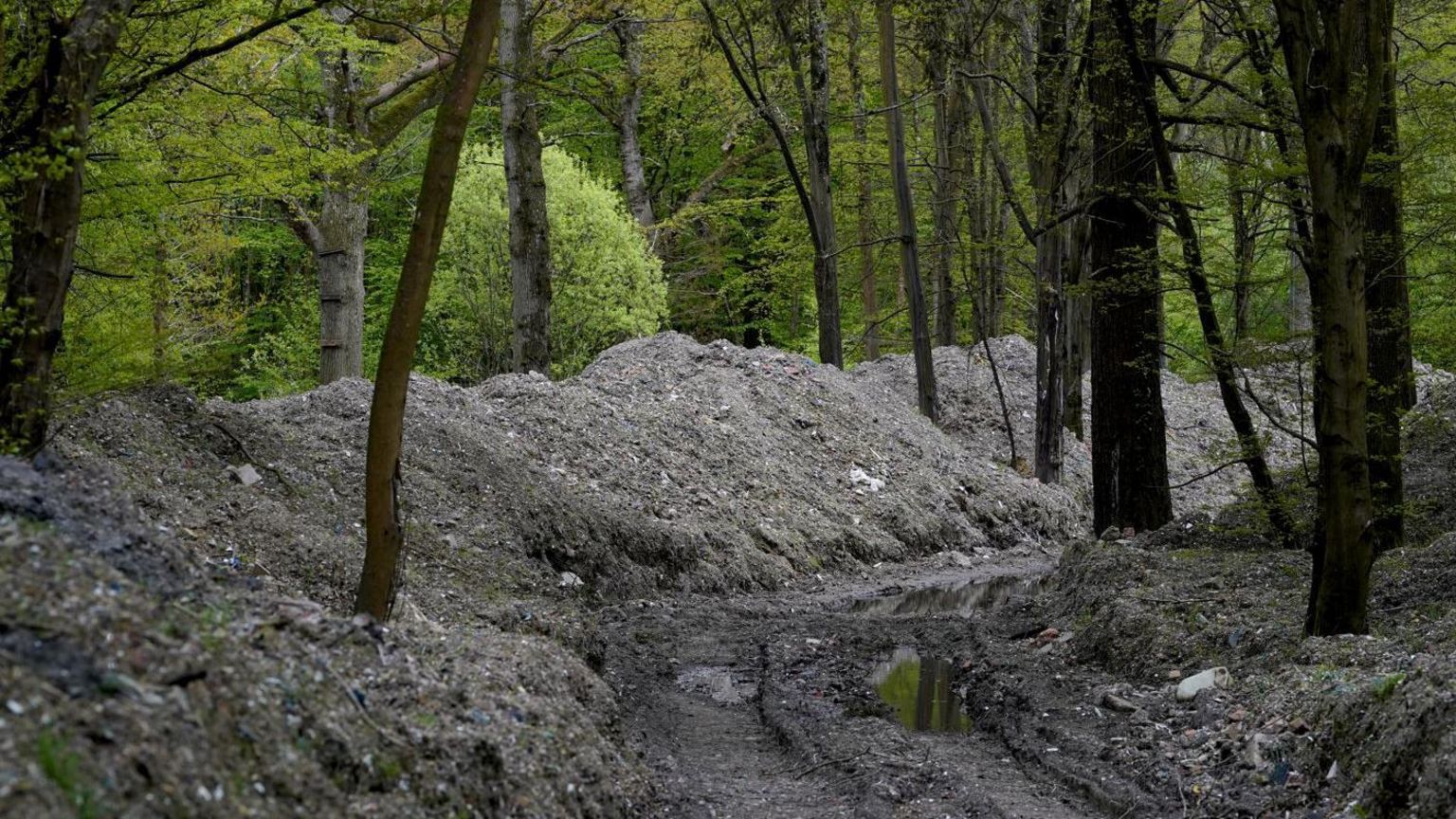 Mountains of waste piled against trees in the centre of a woodland