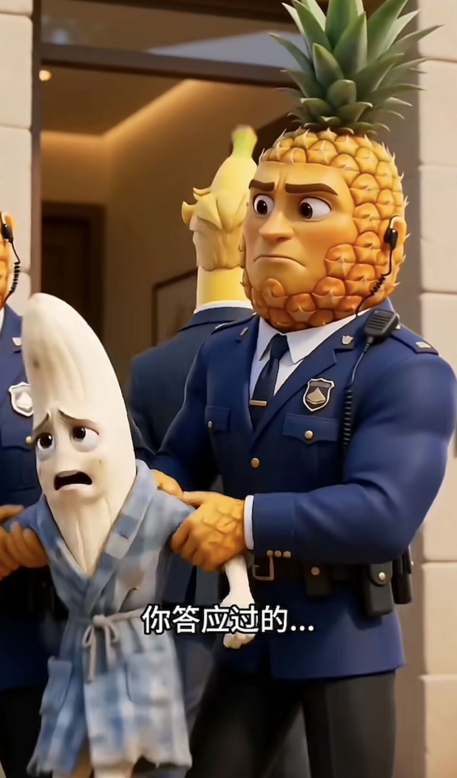 一个身着警服的菠萝男子带走了一个身着睡衣的香蕉人。
