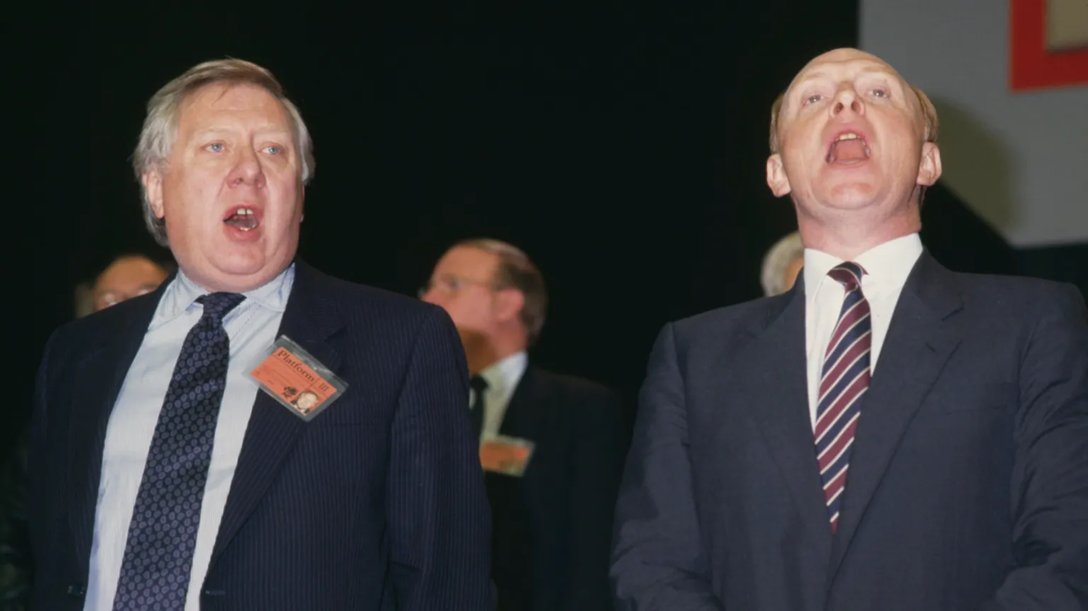 Getty Images Roy Hattersley and Neil Kinnock singing