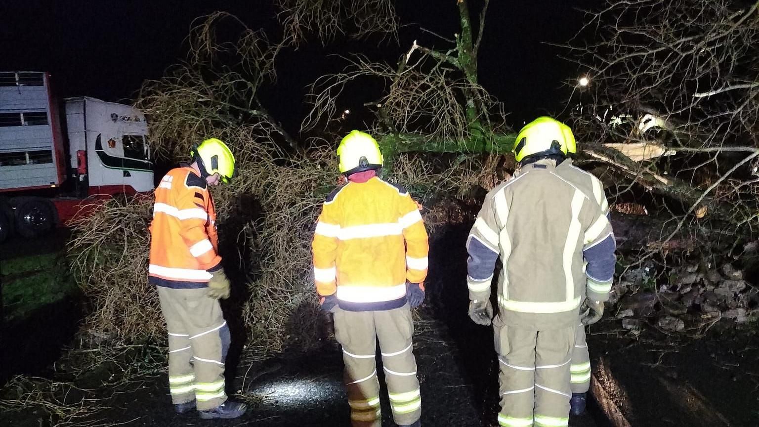 Fire crews in Hawes are blocked by a tree felled during Storm Isha