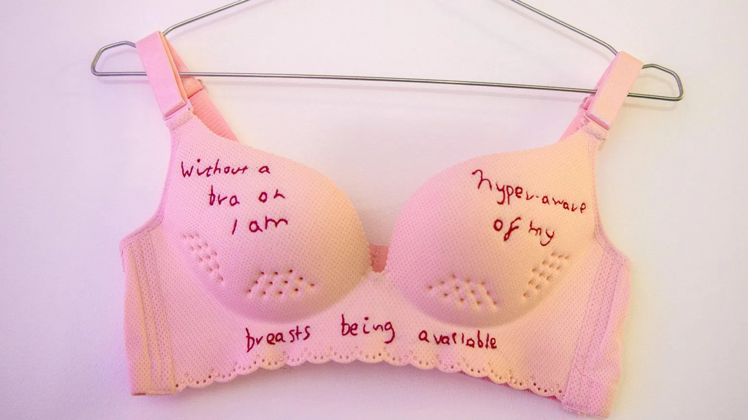 A pink bra with embroidered statement: "Without a bra on I am hyper-aware of my breasts being available"