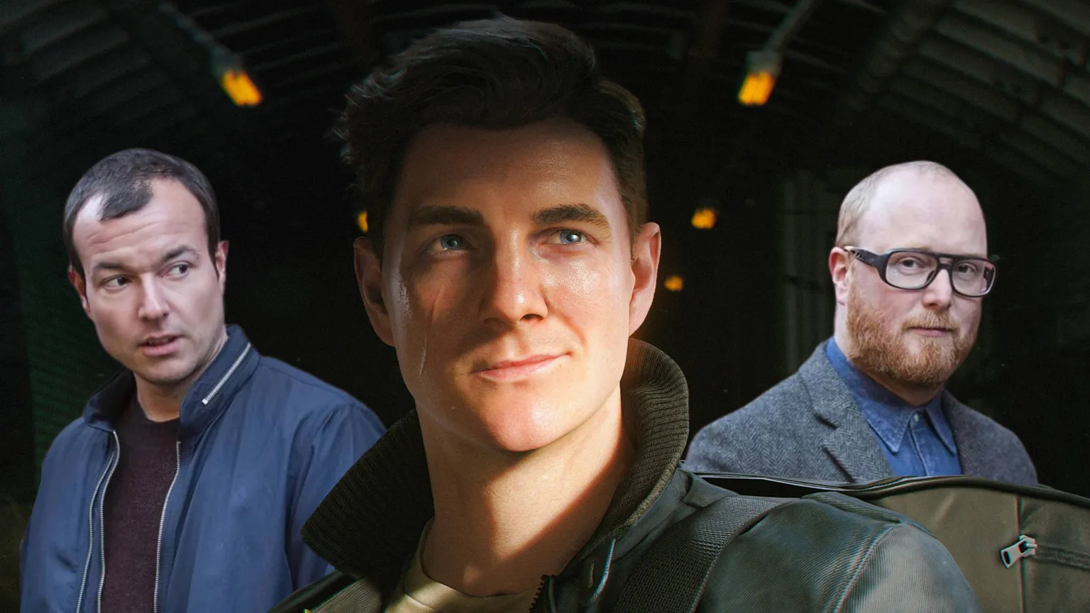 IO Interactive Composite photo showing the video game incarnation of James Bond, with musicians Joe Henson and Alexis Smith in the background