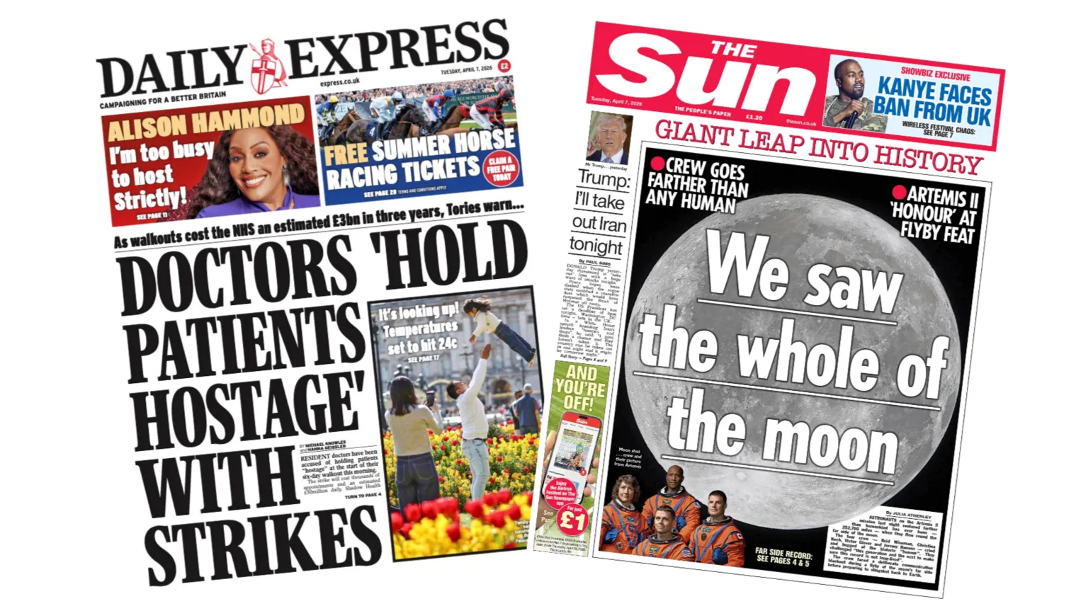 Illustration depicting the media focus on the upcoming six‑day resident doctors' strike, highlighting headlines that claim doctors ‘hold patients hostage’ and reference ‘the whole of the moon’
