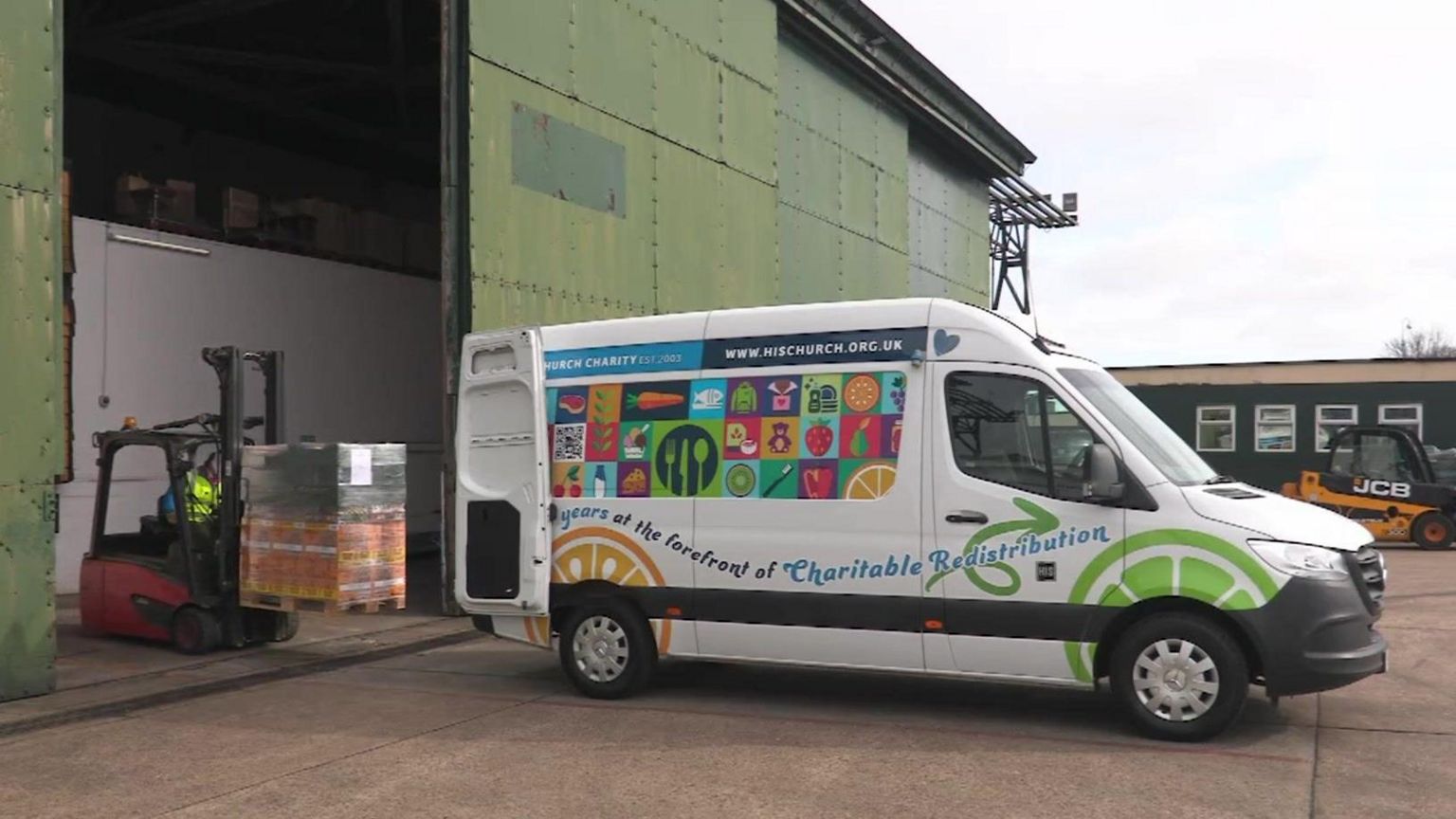 The new HisChurch van being loaded up with a pallet of food at the charity's distribution centre.
