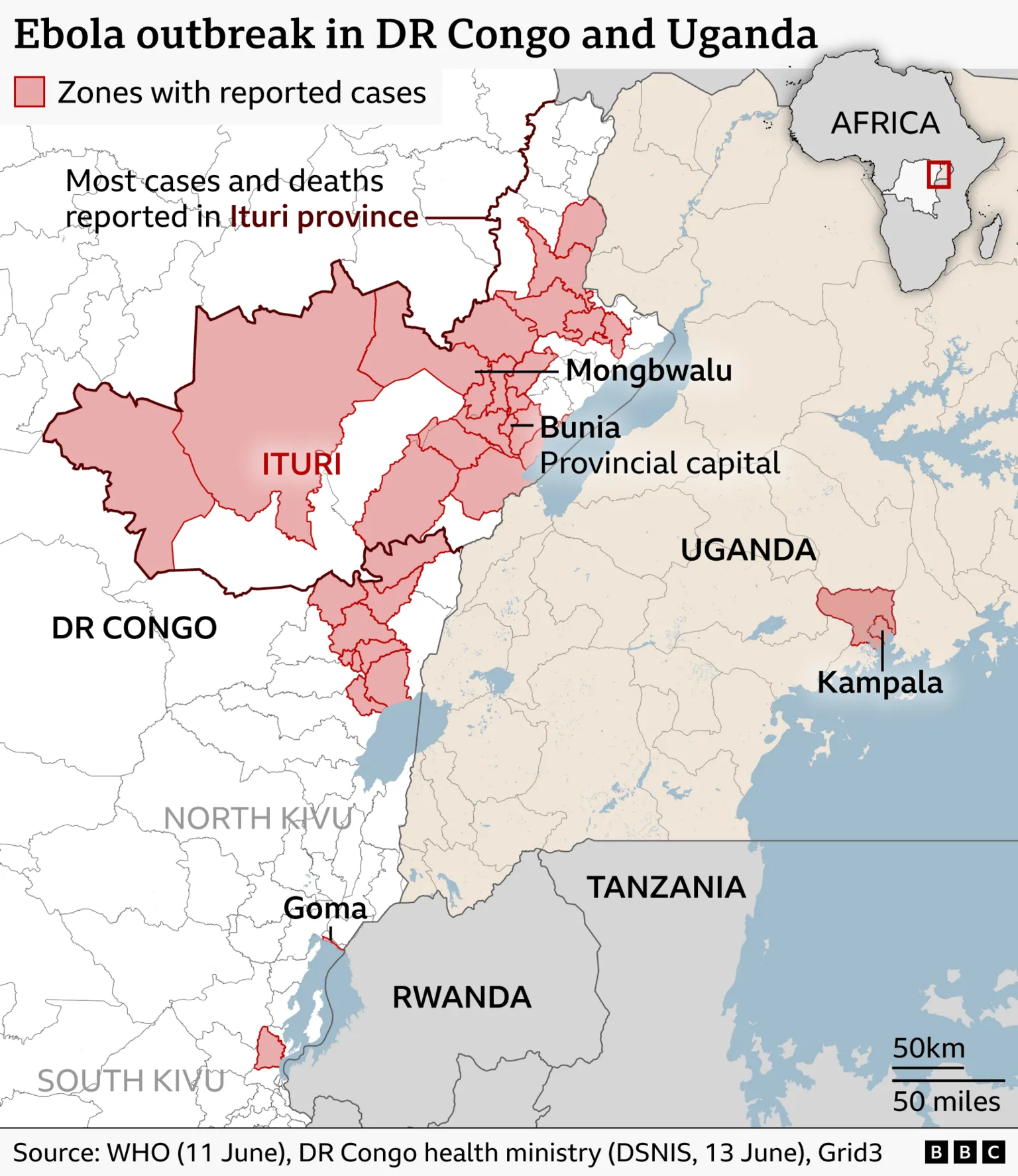 Map of DR Congo showing the areas where Ebola has been recorded, as well as Uganda where some cases have been recorded