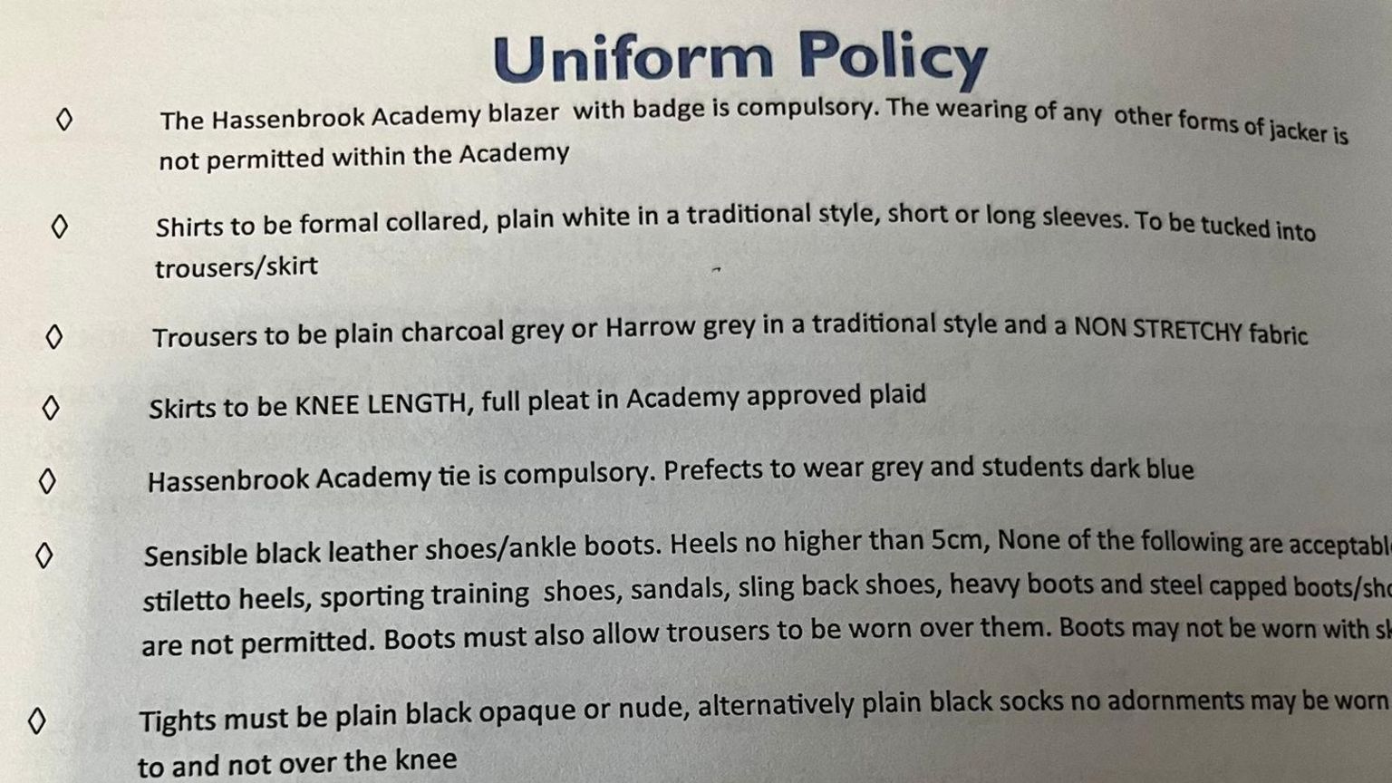 Image of a bullet pointed uniform policy.