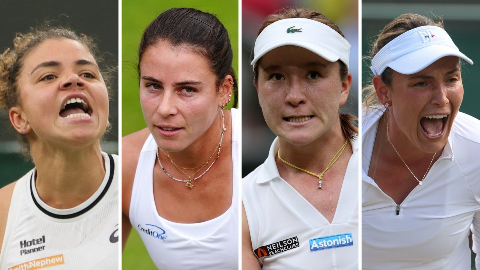 A divided image of Jasmine Paolini, Emma Navarro, Lulu Sun and Donna Vekic