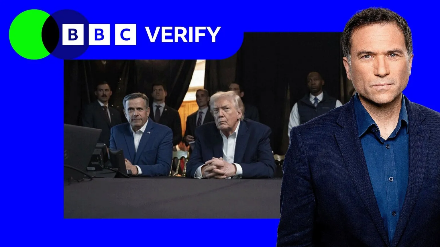 An image of John Ratcliffe and Trump watching a livestream of Maduro's capture, with a blue border and the text 'BBC Verify' and a photo of Ros Atkins on the right