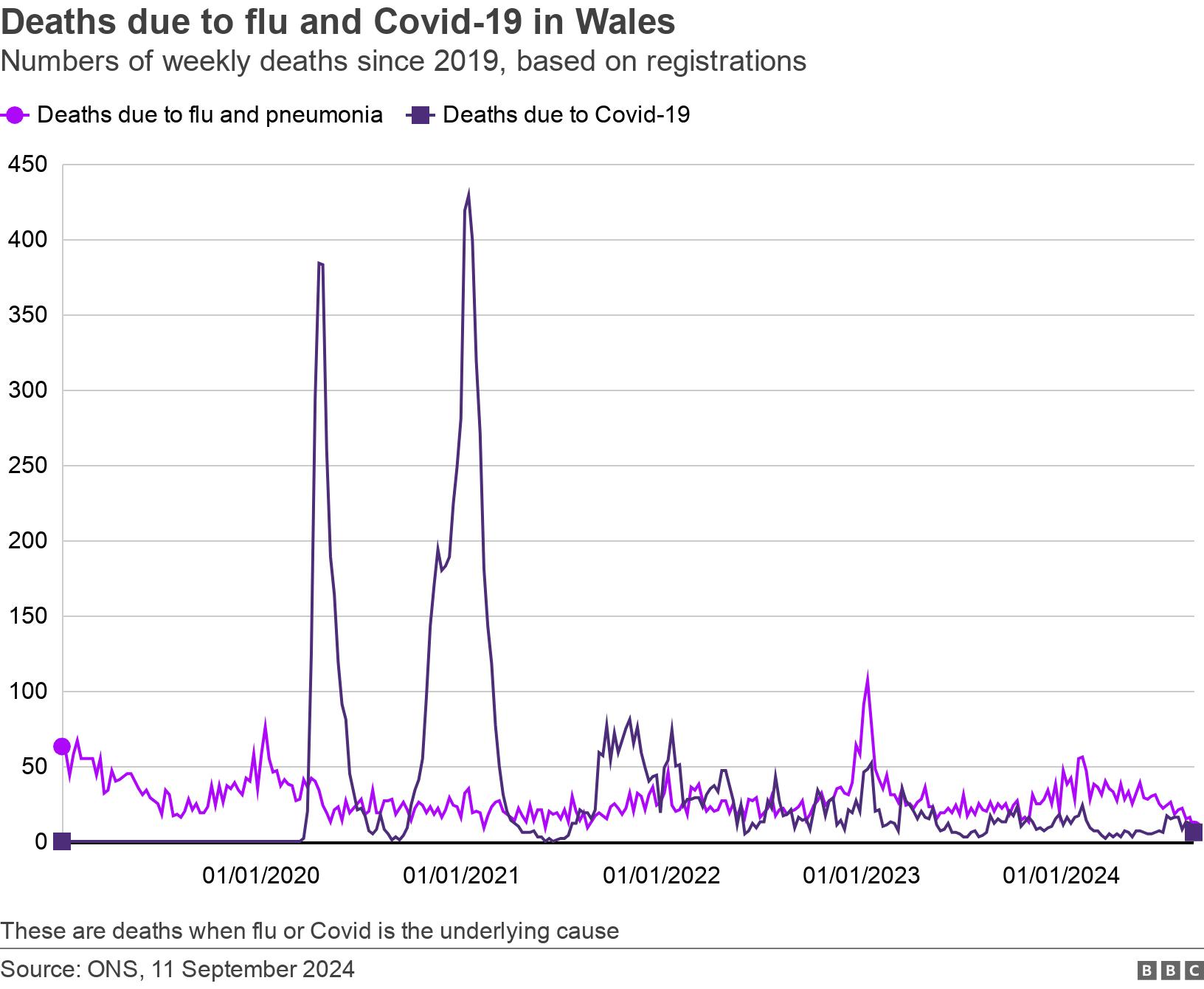 Deaths due to flu and Covid-19 in Wales. Numbers of weekly deaths since 2019, based on registrations.  These are deaths when flu or Covid is the underlying cause.