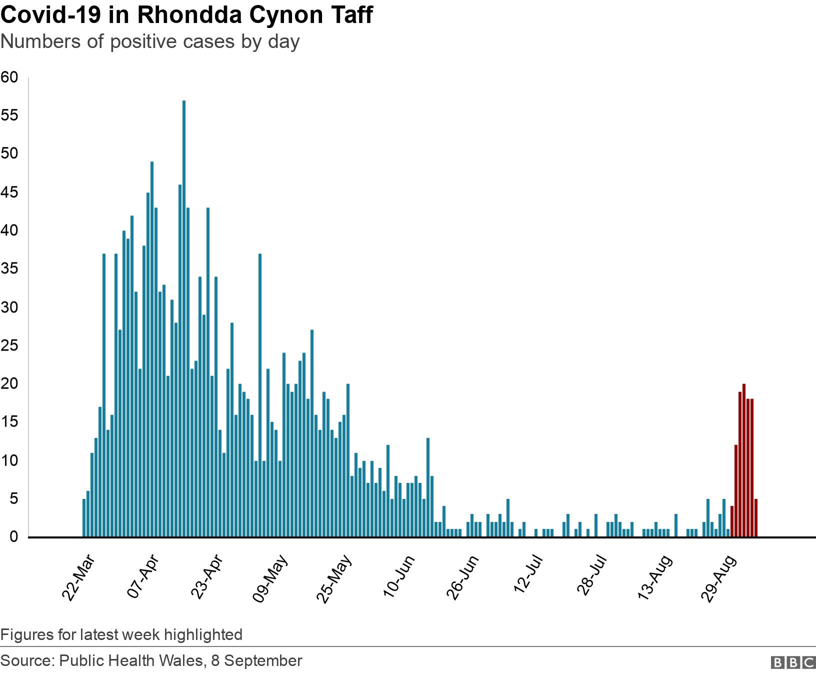 Covid-19 in Rhondda Cynon Taff. Numbers of positive cases by day. RCT cases Figures for latest week highlighted.