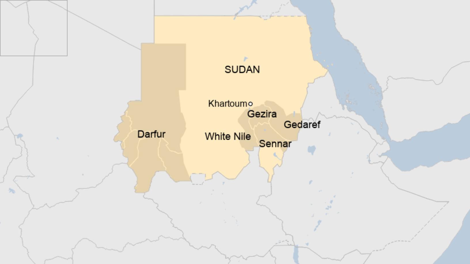 Map: Map showing the location of Sudan's Gezira, White Nile, Sennar and Gedaref states.