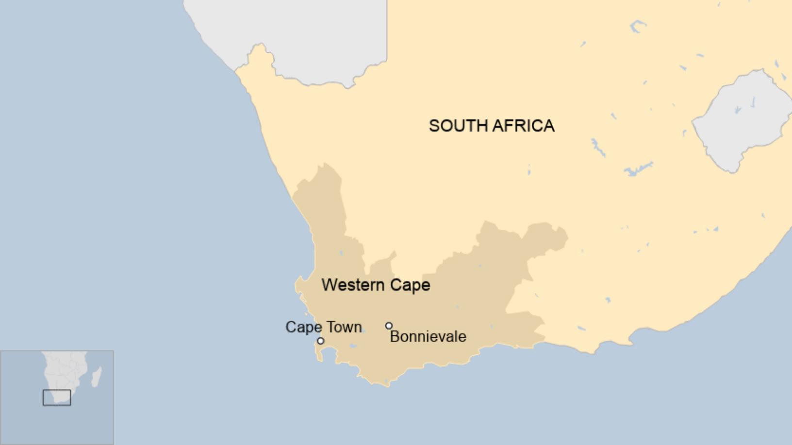 Map: Map shows Bonnievale and Cape Town in Western Cape, South Africa