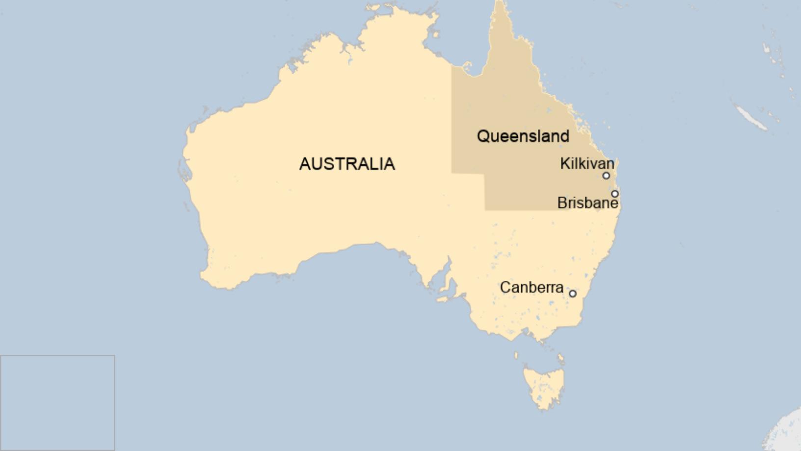 Map: A map of Australia, showing Queensland and the town of Kilkivan