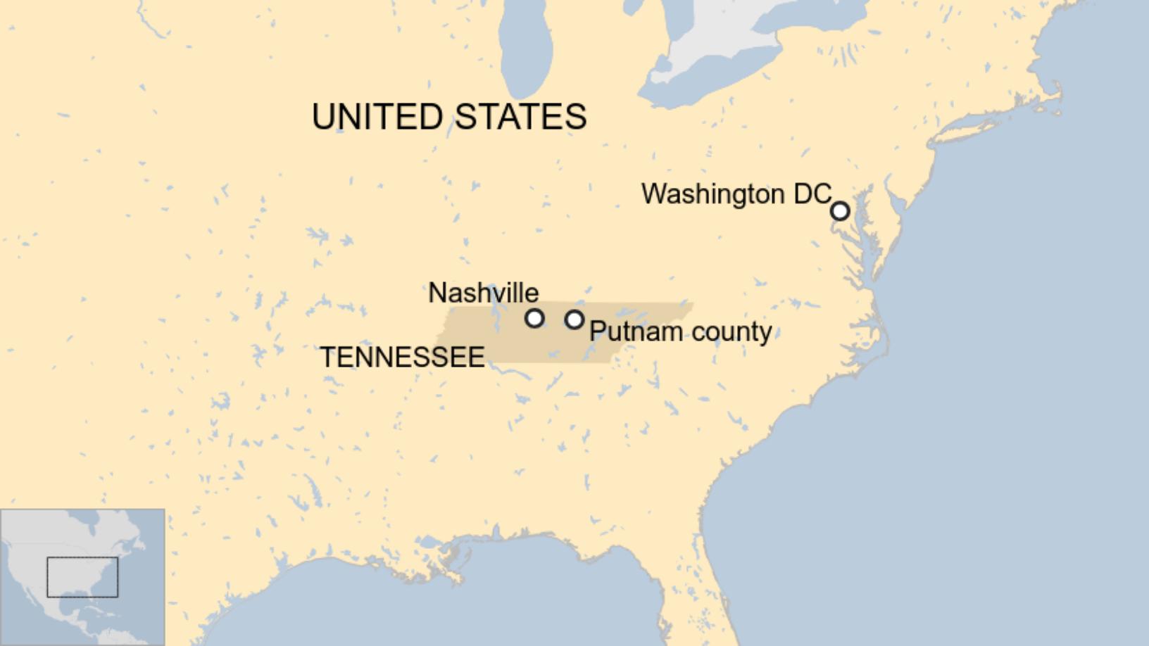 Map: Map of the USA with Tennessee, Nashville and Putnam county highlighted