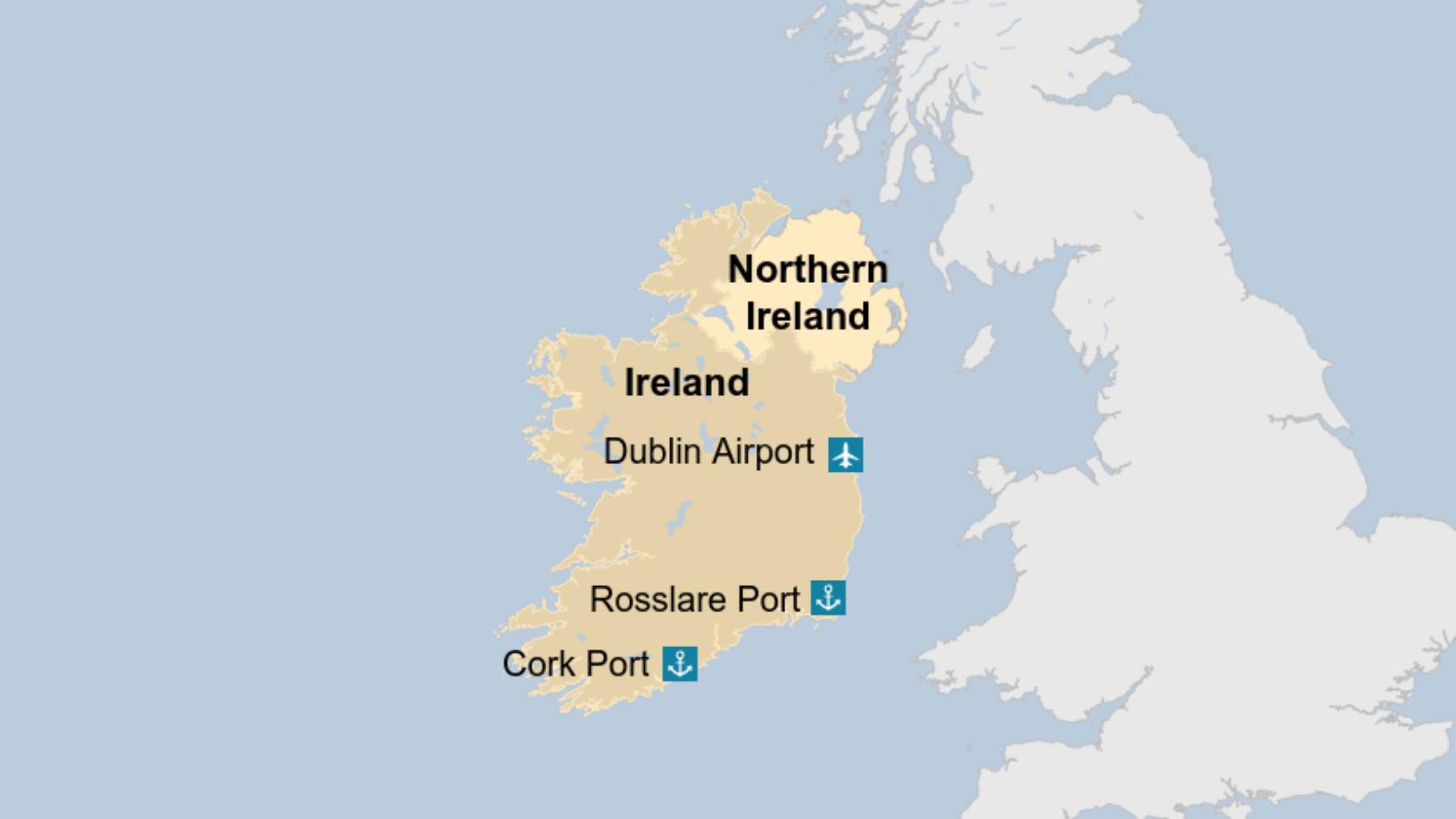 Map: Map showing the three approved points of entry for pets into the Republic of Ireland based in Dublin, Wexford, and Cork. 