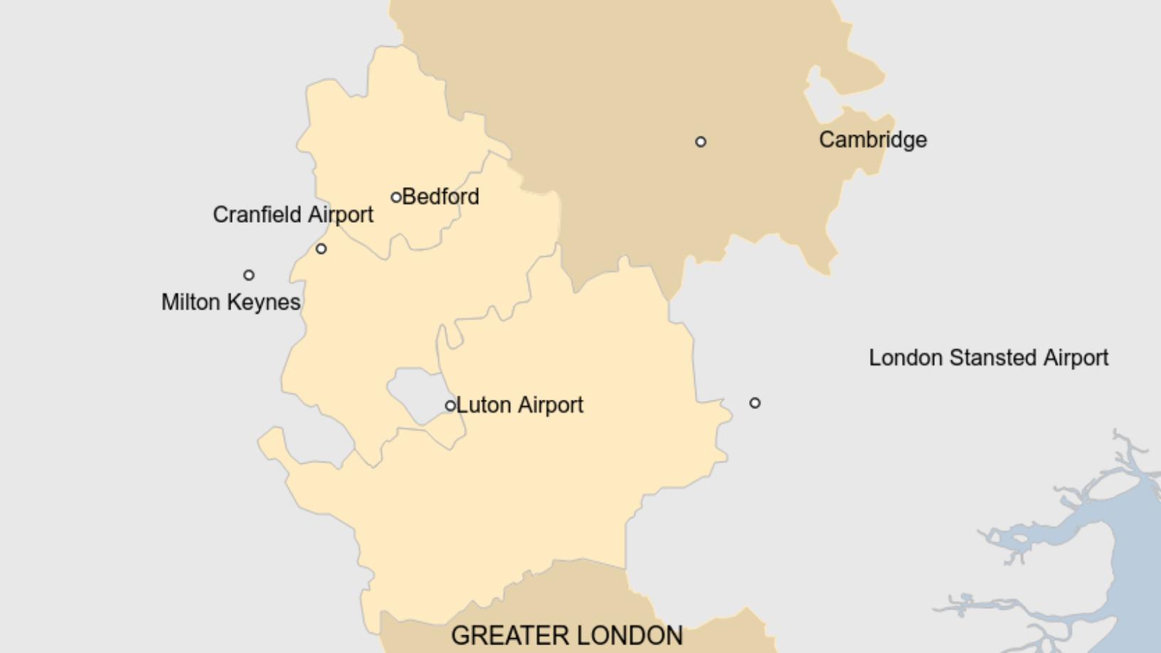 Map: Map showing locations of Cambridge, Cranfield Airport, Bedford and Milton Keynes