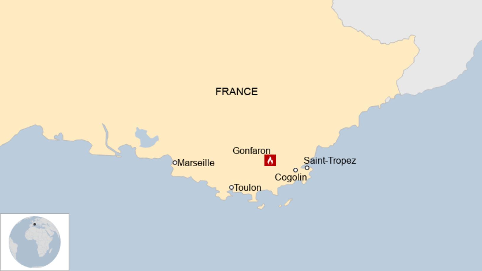 Map: A map showing where the wildfire broke out in southern France.