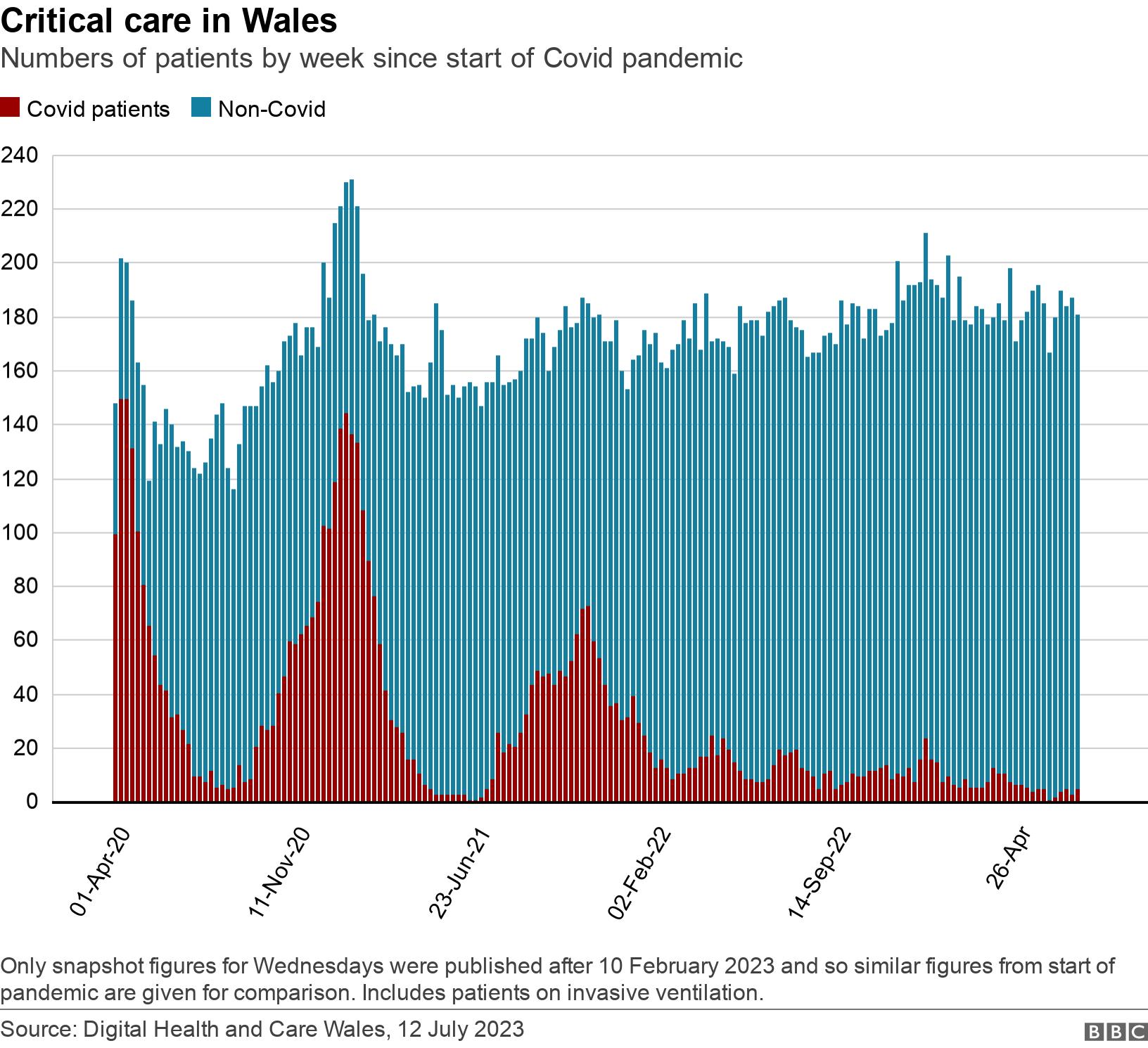 Critical care in Wales. Numbers of patients by week since start of Covid pandemic.  Only snapshot figures for Wednesdays were published  after 10 February 2023 and so similar figures from start of pandemic are given for comparison. Includes patients on invasive ventilation. .